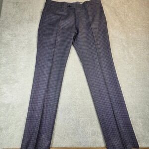 Berwich Italy Blue Plaid Wool Dress Trousers Mens 36x33 IT 52 Slim Straight